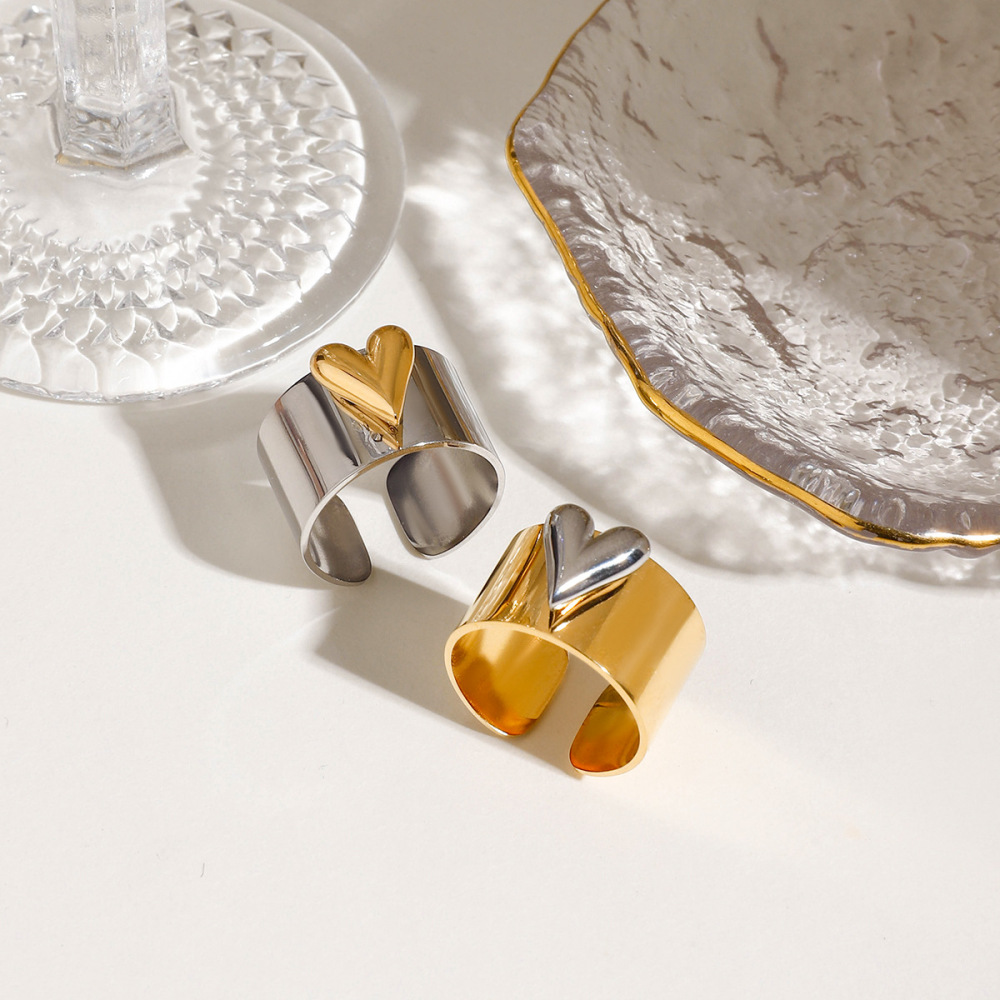 1 Paire De Bagues Ajustables Pour Femme, Collection Romantique En Forme De Cœur, En Acier Inoxydable Imperméable, Coloris Or Et Argent. Image3