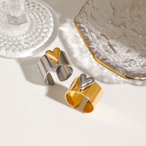 1 Paire De Bagues Ajustables Pour Femme, Collection Romantique En Forme De Cœur, En Acier Inoxydable Imperméable, Coloris Or Et Argent. h5 Image3