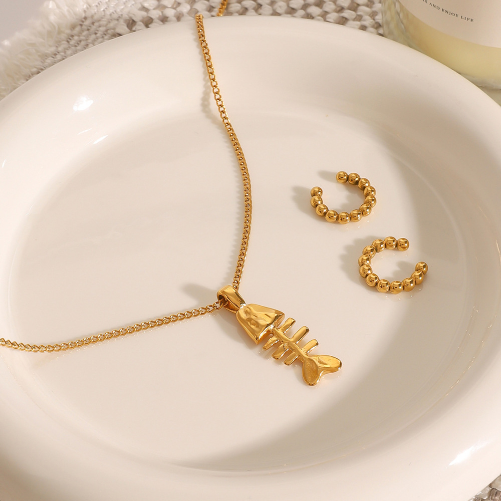 Collier Pendentif Femme Classique En Acier Inoxydable, Couleur Or, Motif Arête De Poisson Humoristique (1 Pièce) Image3