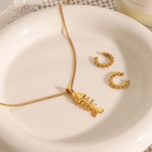 Collier Pendentif Femme Classique En Acier Inoxydable, Couleur Or, Motif Arête De Poisson Humoristique (1 Pièce) h5 Image3