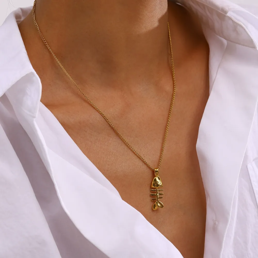 Collier Pendentif Femme Classique En Acier Inoxydable, Couleur Or, Motif Arête De Poisson Humoristique (1 Pièce) Image6