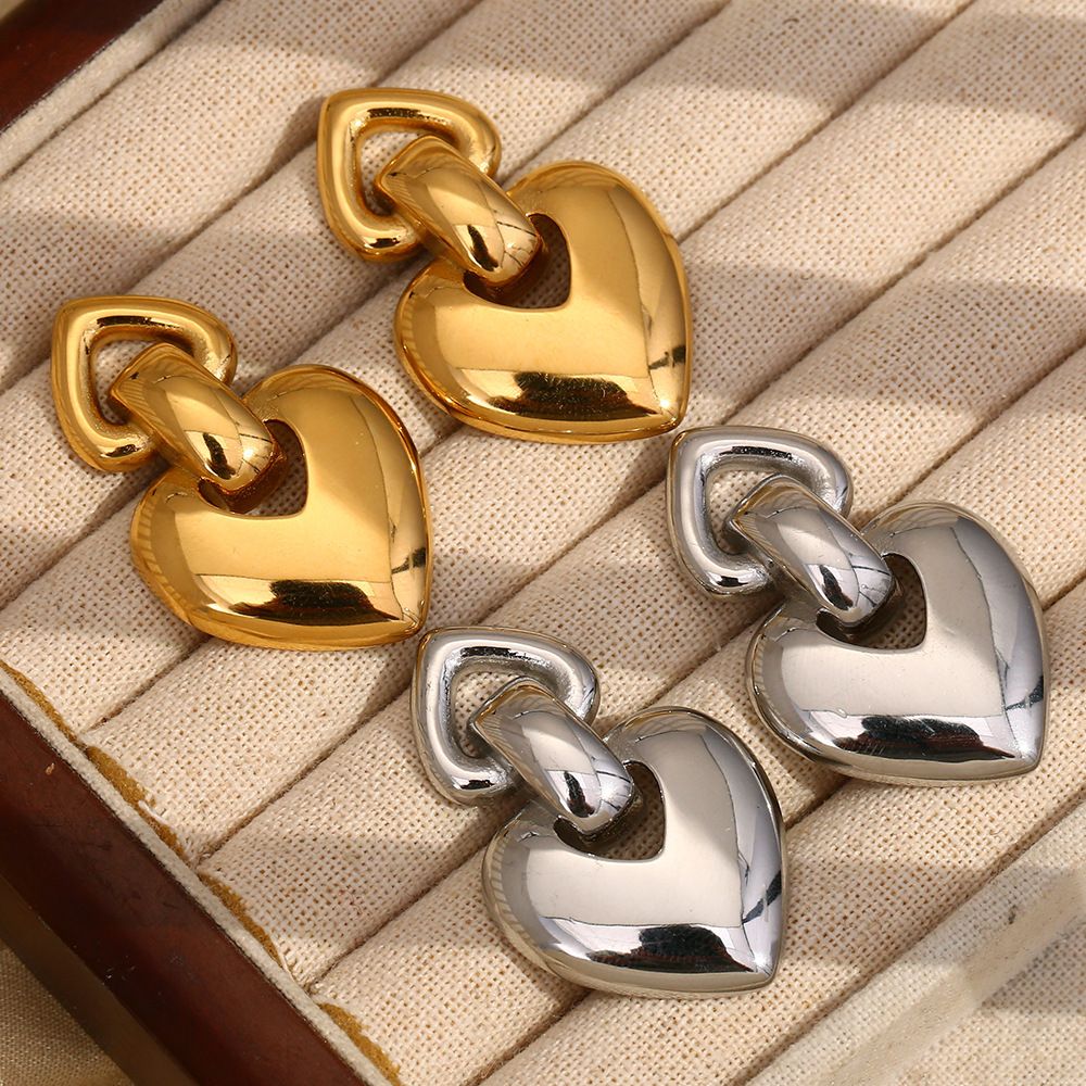 Boucles D'Oreilles Pendantes Pour Femme, Collection Romantique, En Forme De Cœur, En Acier Inoxydable Étanche, Couleur Or (1 Paire). Image2
