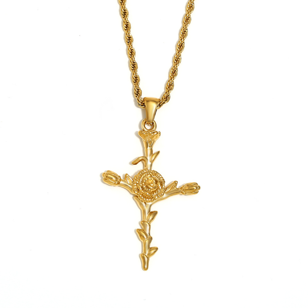 Collier Pendentif Femme Style Rétro Fleuri, En Acier Inoxydable, Couleur Or, Étanche, Collection Romantique (1 Pièce)