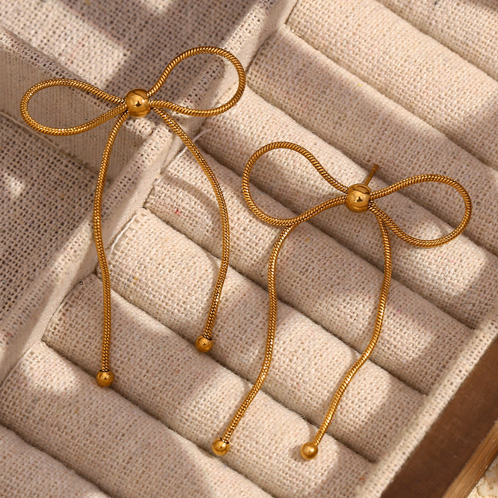 Boucles D'Oreilles Pendantes Pour Femme, Collection Romantique, Nœud Papillon, En Acier Inoxydable Étanche, Couleur Or (1 Paire). Image2