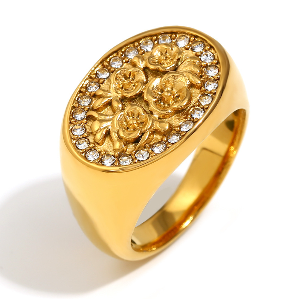 Bague Chevalière Pour Femme, En Acier Inoxydable Doré, Ornée D'Une Fleur Naturelle (1 Pièce), Collection De Luxe.