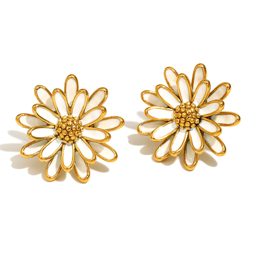 Boucles D'Oreilles Puces Pour Femme, Collection Romantique, Motif Fleurs Naturelles, En Acier Inoxydable, Couleur Or, Étanches.