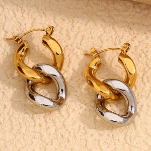 Boucles D'Oreilles Pendantes Pour Femme, Modèle Simple Series Elegant Twist, En Acier Inoxydable Étanche, Couleur Or (1 Paire). h5 Image4