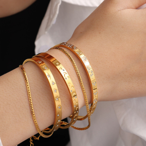 Bracelet Pour Femme En Acier Inoxydable Doré Avec Strass, Série Simple, Motif Tortue Classique, 1 Pièce h5 Image2