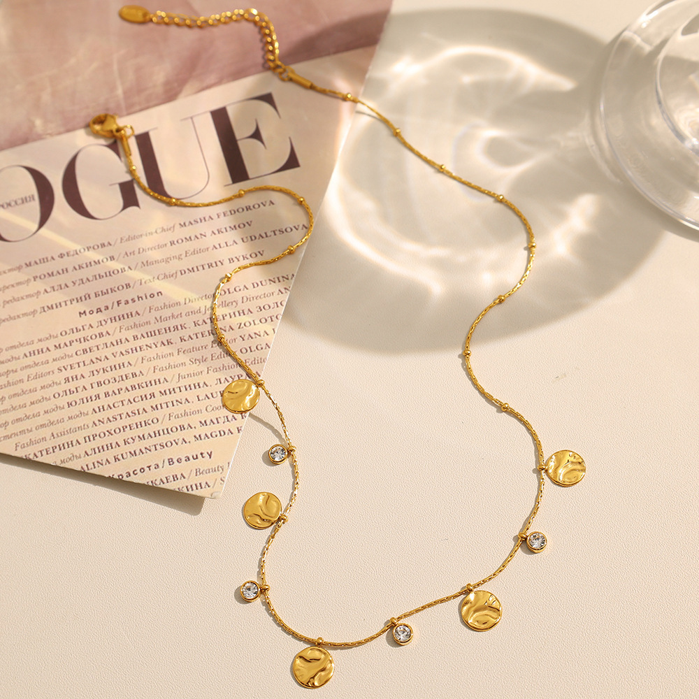 Collier Pendentif Femme De Luxe, Forme Ronde, En Acier Inoxydable, Étanche, Couleur Or, 1 Pièce. Image3