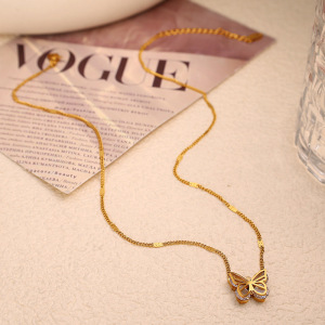 Collier Pendentif Femme En Forme De Papillon, Élégant Et Léger, En Acier Inoxydable Doré, Couleur Or, Collection Romantique (1 Pièce) h5 Image5