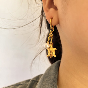 Boucles D'Oreilles Pendantes Pour Femme, Style Plage Estivale, Motif Tortue Mignonne, En Acier Inoxydable Étanche, Couleur Or (1 Paire). h5 Image2