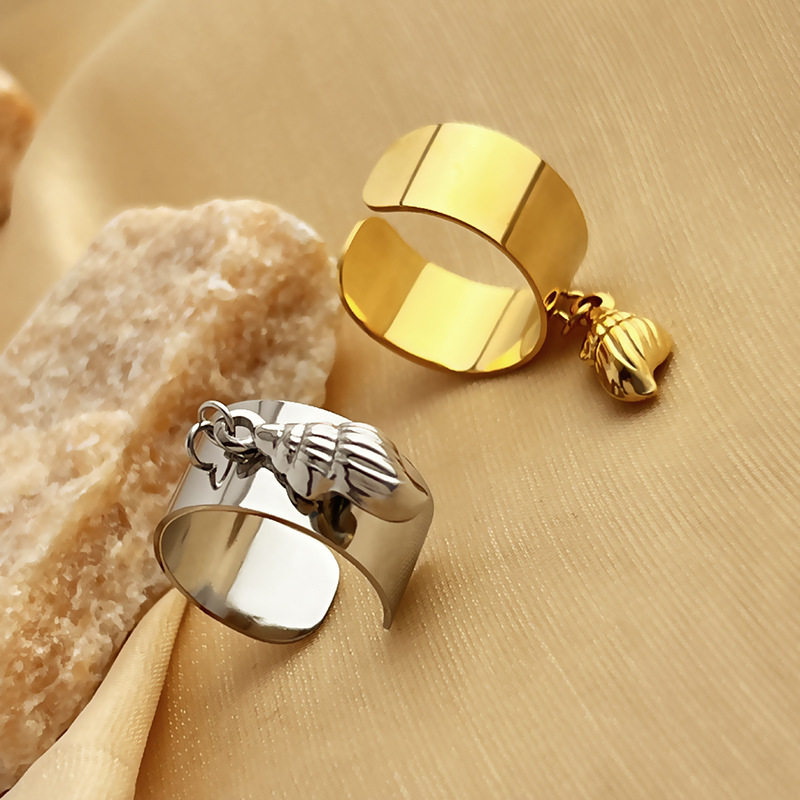 Bague Ajustable Pour Femme, Style Élégant, En Acier Inoxydable Doré, Ornée D'Un Coquillage. Image2