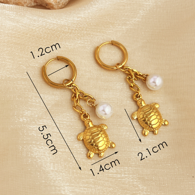 Boucles D'Oreilles Pendantes Pour Femme, Style Plage Estivale, Motif Tortue Mignonne, En Acier Inoxydable Étanche, Couleur Or (1 Paire). 