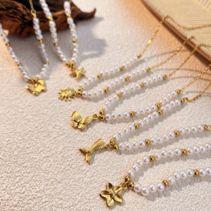 Collier De Perles Pour Femme, Collection Vacances, Style Rétro Marin, En Acier Inoxydable, Couleur Or, Étanche. h5 Image2
