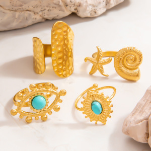 Bague Ajustable Pour Femme, Collection Luxueuse, Élégante, En Forme D'Œil, Avec Pierre Naturelle, En Acier Inoxydable Étanche Et Couleur Or. h5 Image2