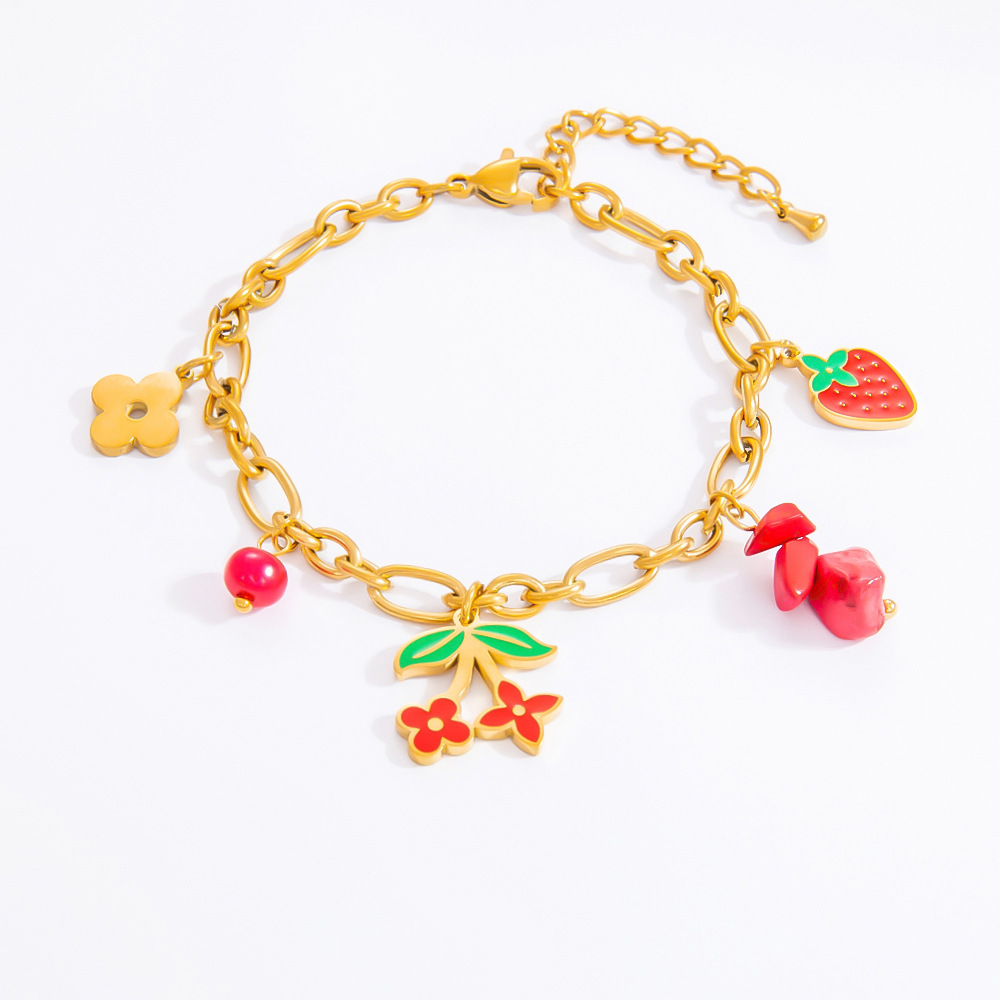 Bracelet À Breloques Pour Femme, Collection Romantique, Motif Floral Éclatant, Finition Huilée, Acier Inoxydable Chromé, Étanche, Couleur Or (1 Pièce). Image2