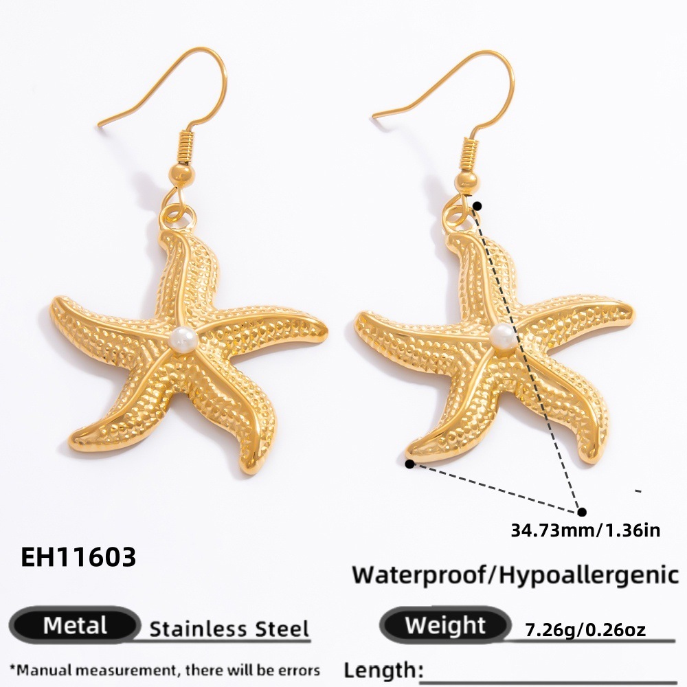 Boucles D'Oreilles Pendantes Pour Femme, Collection Romantique, Motif Étoile De Mer, En Acier Inoxydable Doré, Étanches, En Forme D'Étoile De Mer. 1 Paire 