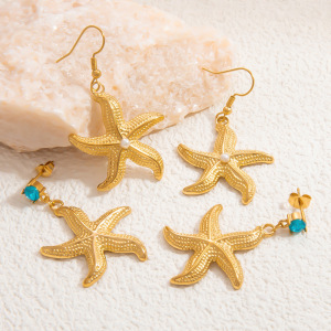 Boucles D'Oreilles Pendantes Pour Femme, Collection Romantique, Motif Étoile De Mer, En Acier Inoxydable Doré, Étanches, En Forme D'Étoile De Mer. 1 Paire h5 Image2