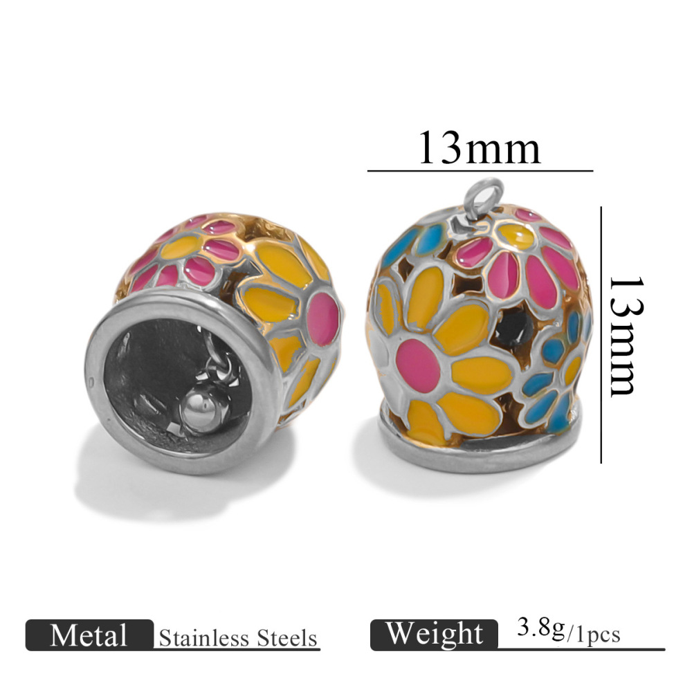 Pendentif Femme En Acier Inoxydable Doré, Forme Cloche, Motif Floral Émaillé, 1 Pièce, Collection Vogue.