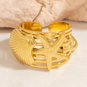 Bague Ajustable Pour Femme, Collection Designable Series Vacation Chic, Motif Coquillage, En Acier Inoxydable Étanche Couleur Or. h5 Image3