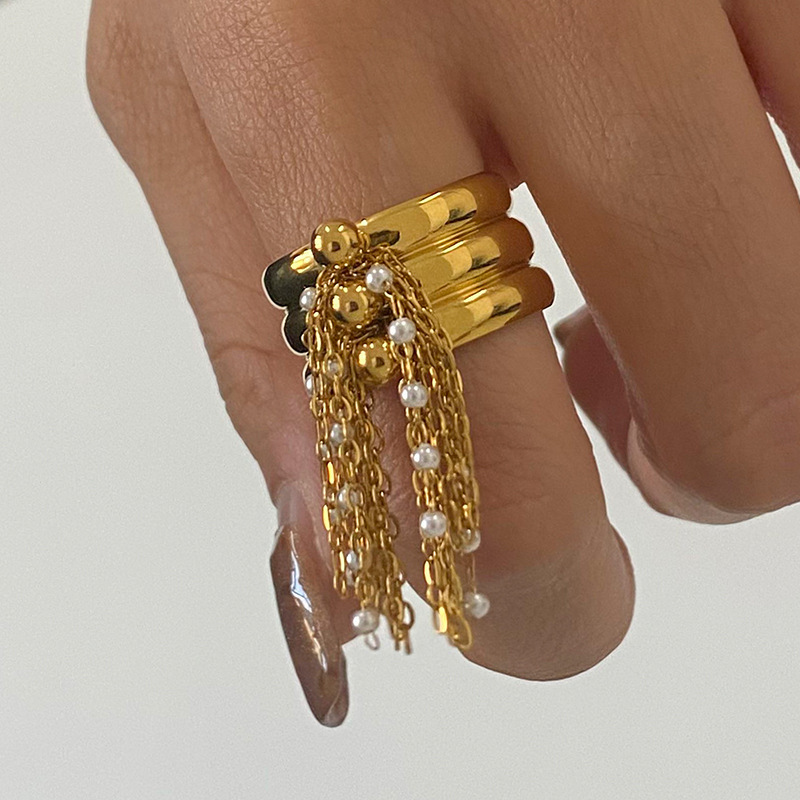 Bague Simple Pour Femme, En Acier Inoxydable Doré, Avec Pompon Décoratif (1 Pièce), Collection Classique. Image7