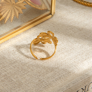 Bague Ajustable Pour Femme, Collection Romantique, Élégante, Double Fleur, En Acier Inoxydable Étanche Couleur Or. h5 Image2
