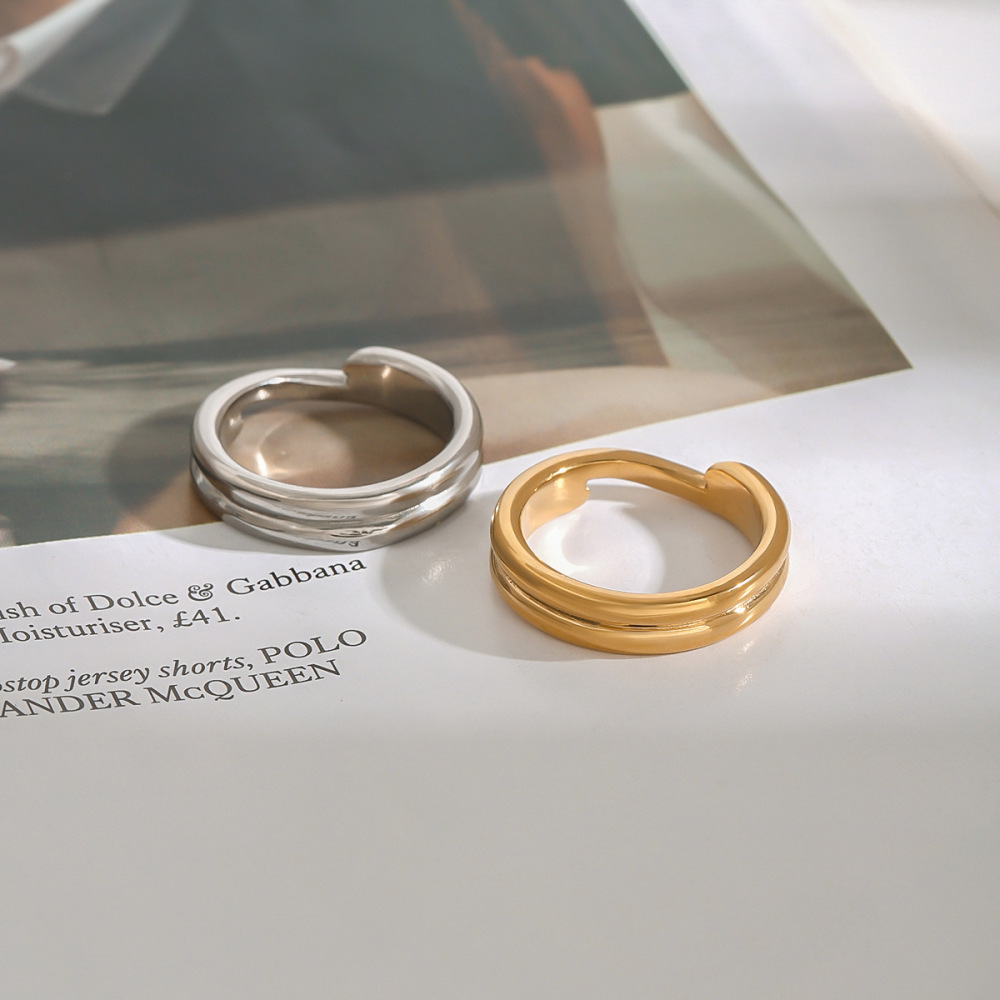 Bague Simple Pour Femme, Collection Classique, Double Anneau Délicat En Acier Inoxydable, Couleur Or, Étanche. h5Image4