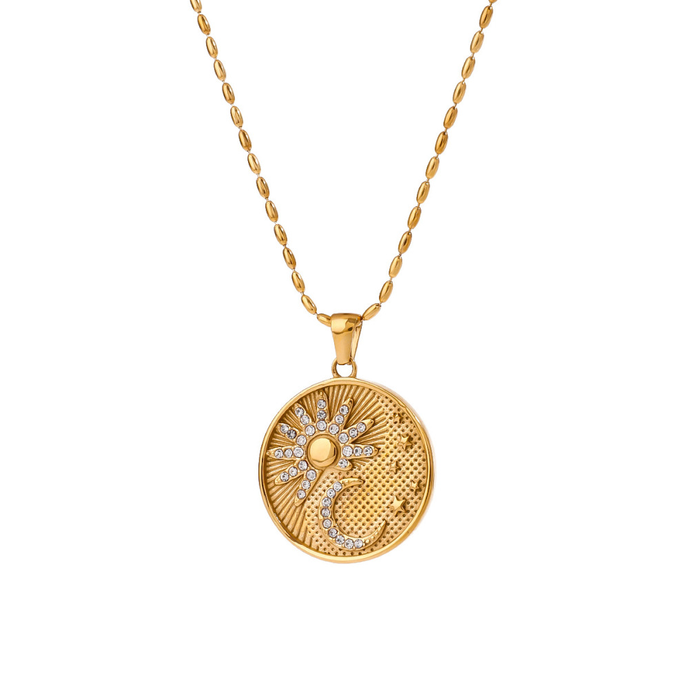 Collier Pendentif Femme Élégant En Acier Inoxydable Doré, Motif Soleil Et Lune, Collection Romantique (1 Pièce) Image5