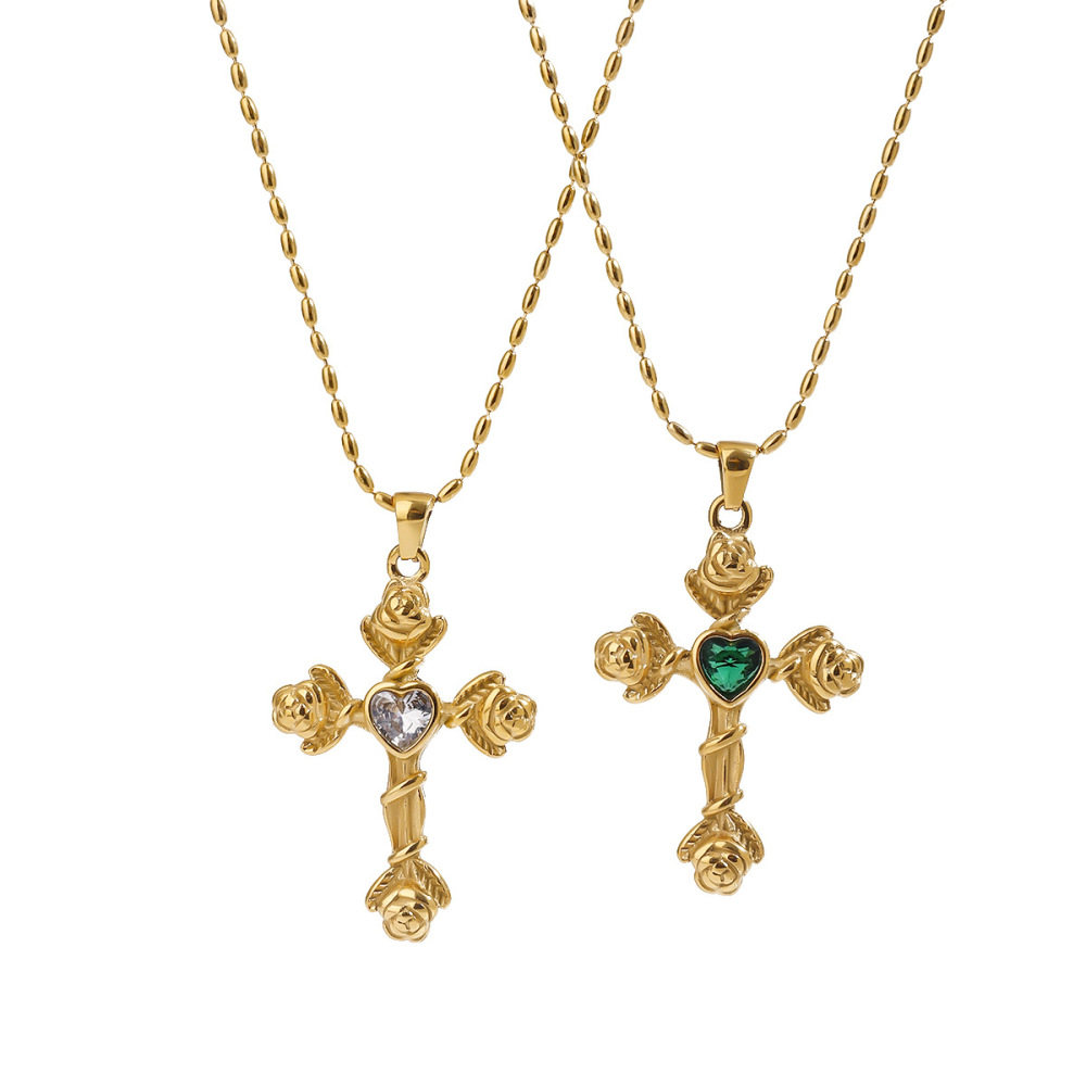 Collier Pendentif Femme En Acier Inoxydable Doré, Étanche, Avec Croix De Ross, Collection Luxueuse (1 Pièce) Image4