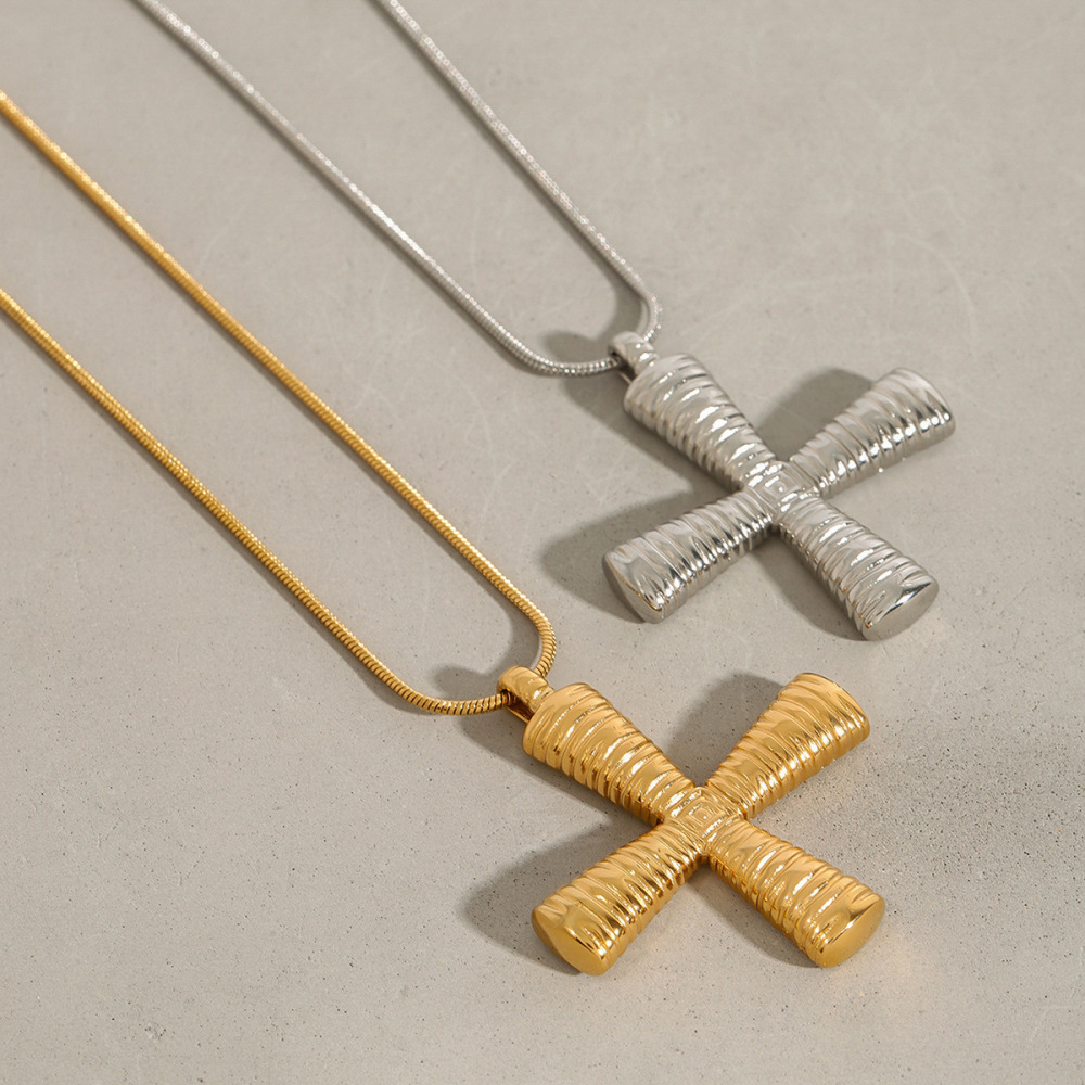 Collier Pendentif Croix Moderne Daily Streamline En Acier Inoxydable Étanche Couleur Or Pour Femme (1 Pièce) h5Image2