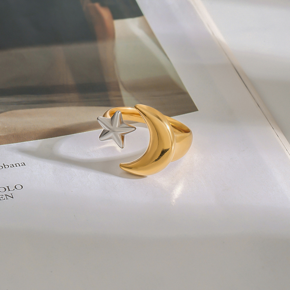 Bague Simple Pour Femme, Motif Lune Et Étoile, En Acier Inoxydable Étanche, Coloris Or Et Argent, Collection Classique. Image7