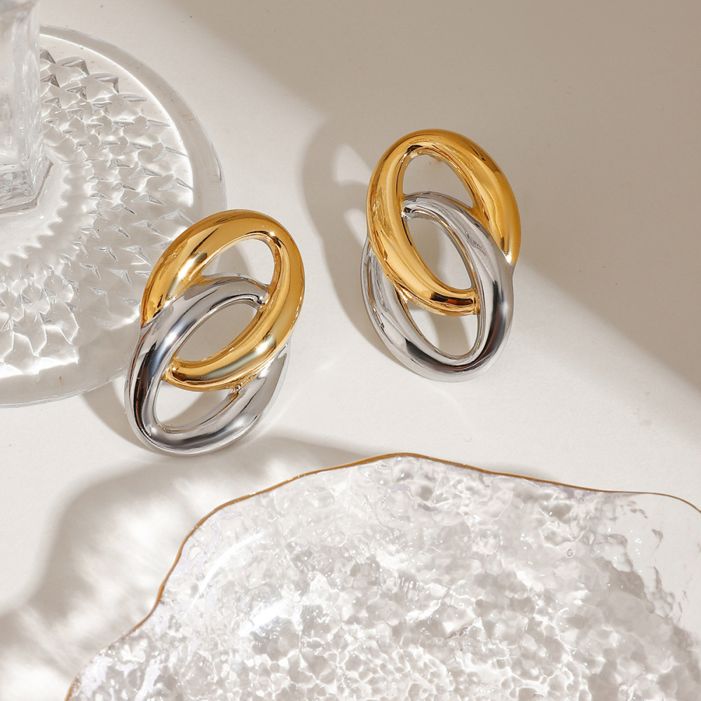 1 Paire De Boucles D'Oreilles Puces Pour Femme, Collection Exquisite, Double Couche, Rondes, En Acier Inoxydable Étanche, Couleur Or. h5Image8