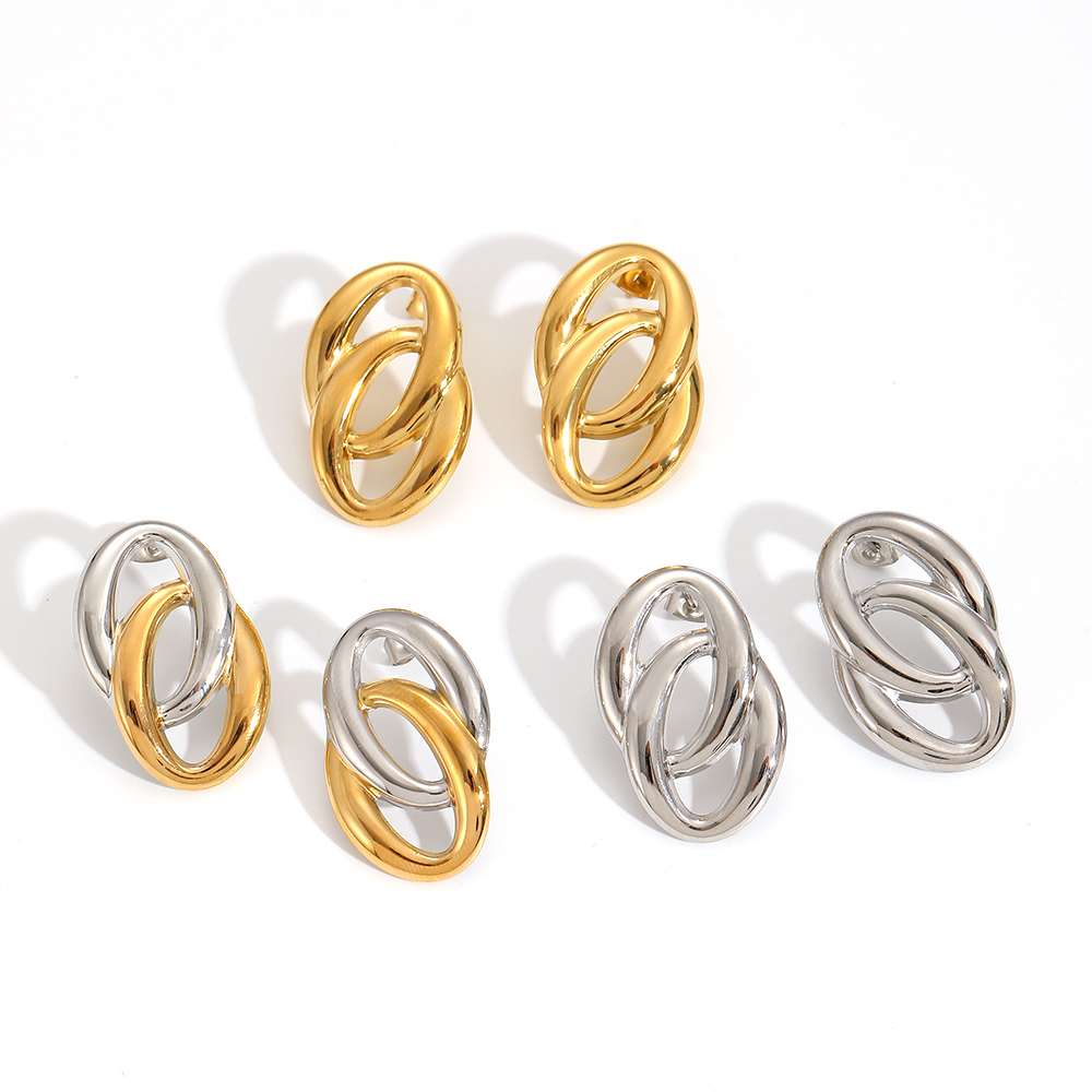 1 Paire De Boucles D'Oreilles Puces Pour Femme, Collection Exquisite, Double Couche, Rondes, En Acier Inoxydable Étanche, Couleur Or. Image4