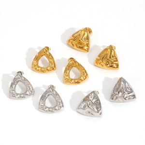 Boucles D'Oreilles Puces Pour Femme, Collection Designable Series, Style Rétro Triangulaire Martelé, En Acier Inoxydable Étanche, Couleur Or (1 Paire). h5 Image5