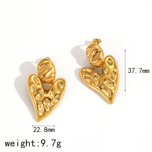 Boucles D'Oreilles Puces Pour Femme Designable Series Retro Heart En Acier Inoxydable Martelé, Imperméables, Couleur Or (1 Paire) h5 
