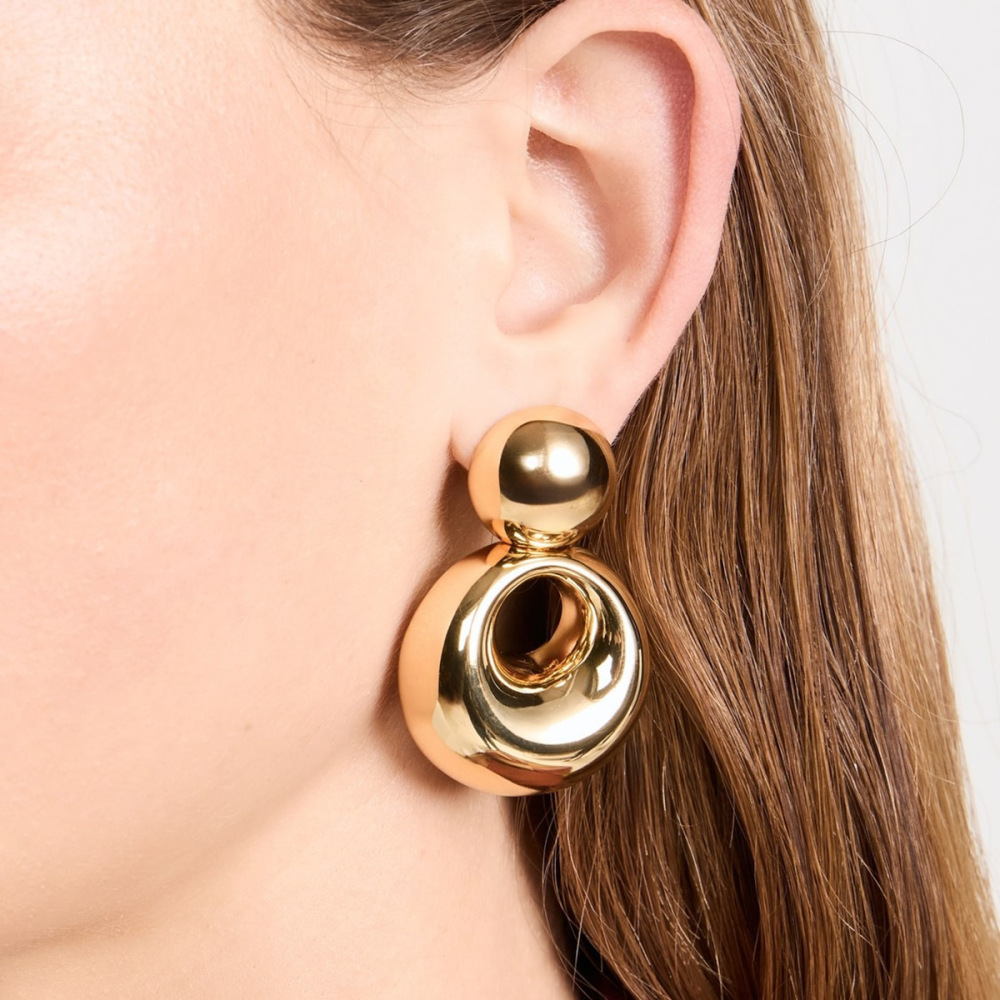 Boucles D'Oreilles Puces Pour Femme, Collection Simple, Double Rondes, En Acier Inoxydable Étanche, Couleur Or (1 Paire). Image9