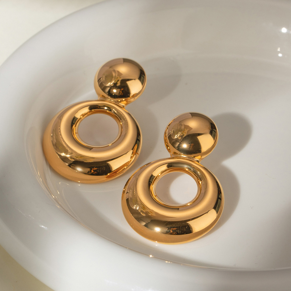 Boucles D'Oreilles Puces Pour Femme, Collection Simple, Double Rondes, En Acier Inoxydable Étanche, Couleur Or (1 Paire). Image10