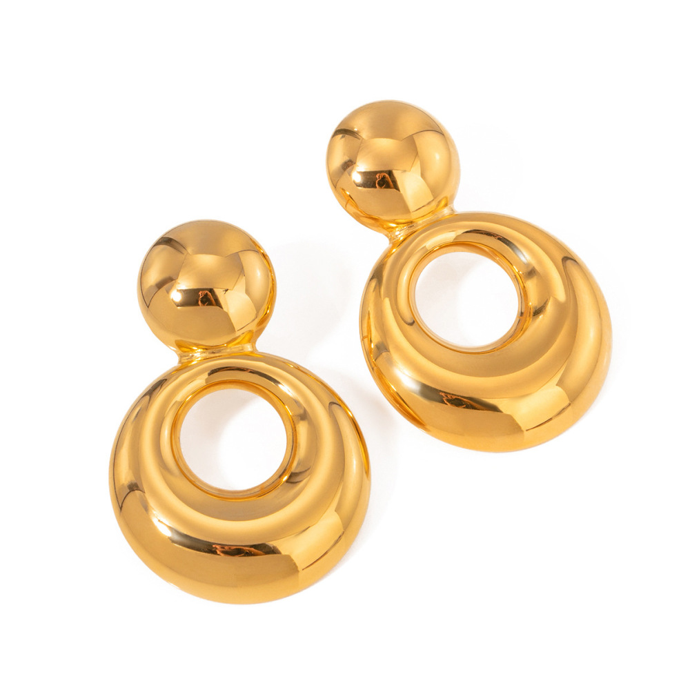 Boucles D'Oreilles Puces Pour Femme, Collection Simple, Double Rondes, En Acier Inoxydable Étanche, Couleur Or (1 Paire). Image11