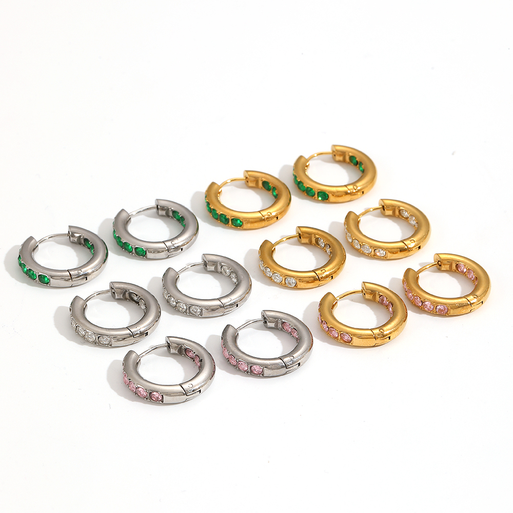 1 Paire De Boucles D'Oreilles Créoles Annulaires Brillantes En Acier Inoxydable Doré Étanche Avec Zircon, Série Polychrome Image5