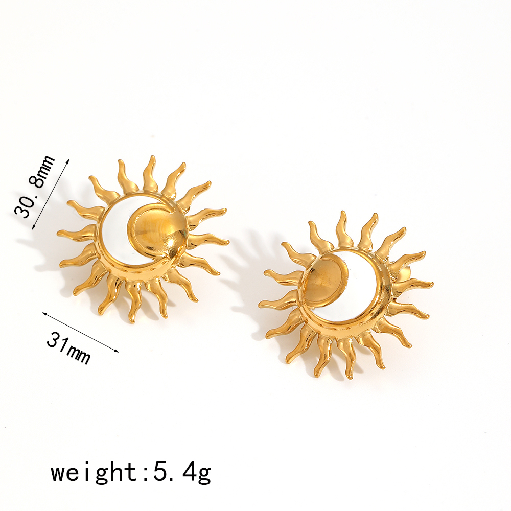 Ensemble De 1 Paire De Boucles D'Oreilles Pour Femme, Collection Charming Series, Délicates Boucles D'Oreilles En Forme De Soleil, En Acier Inoxydable Étanche, Couleur Or. Image10