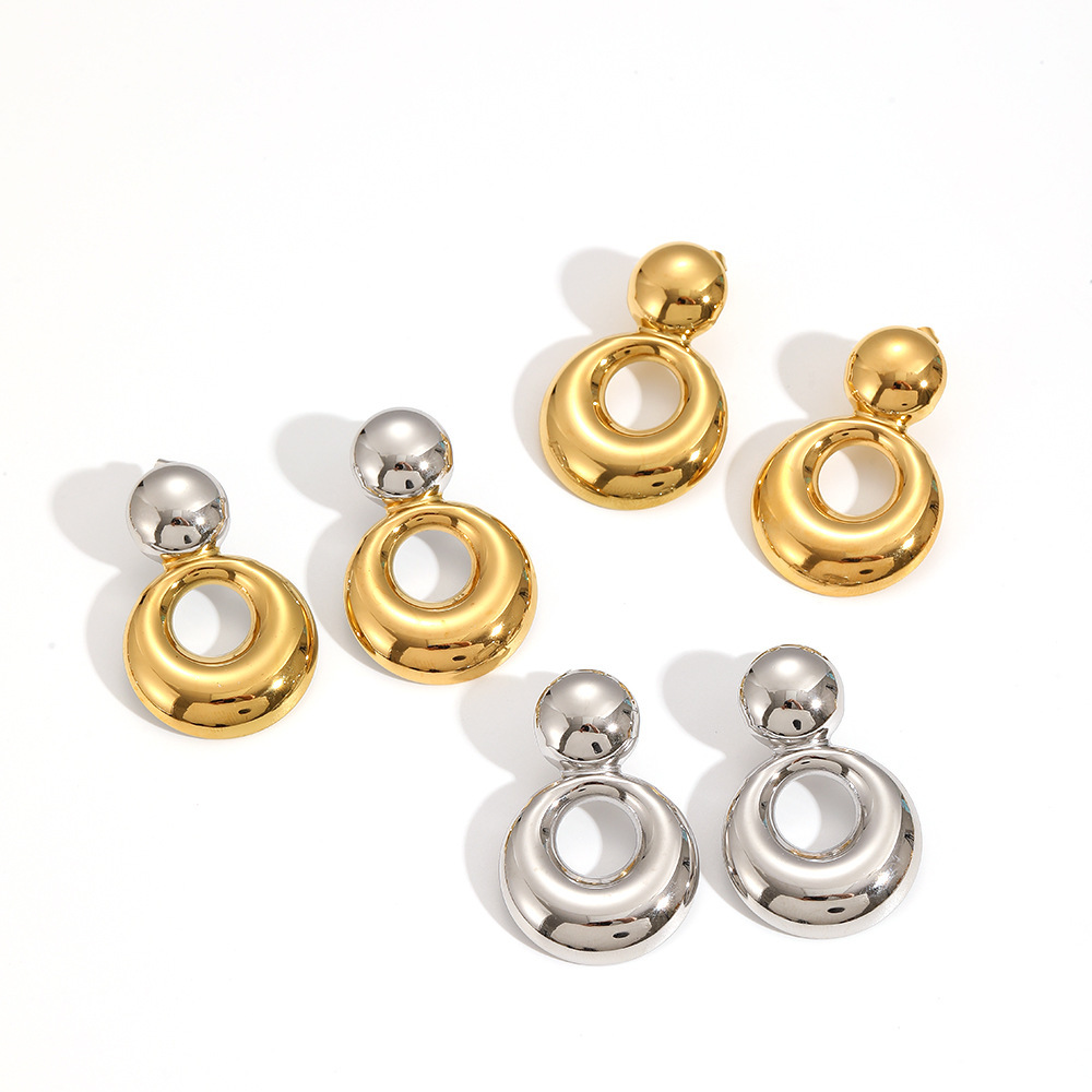 Boucles D'Oreilles Puces Pour Femme, Collection Simple, Double Rondes, En Acier Inoxydable Étanche, Couleur Or (1 Paire). Image5
