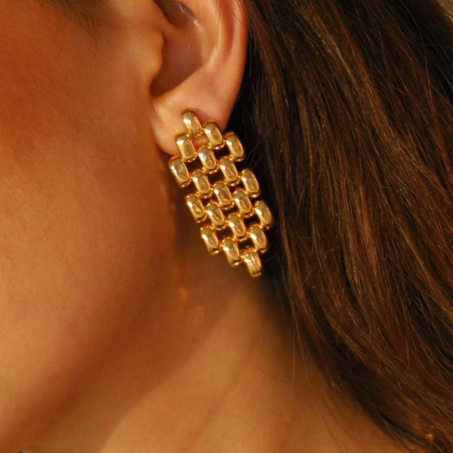 Boucles D'Oreilles Puces Rectangulaires Patchwork En Acier Inoxydable Imperméable Couleur Or (1 Paire) - Collection Simple Image4
