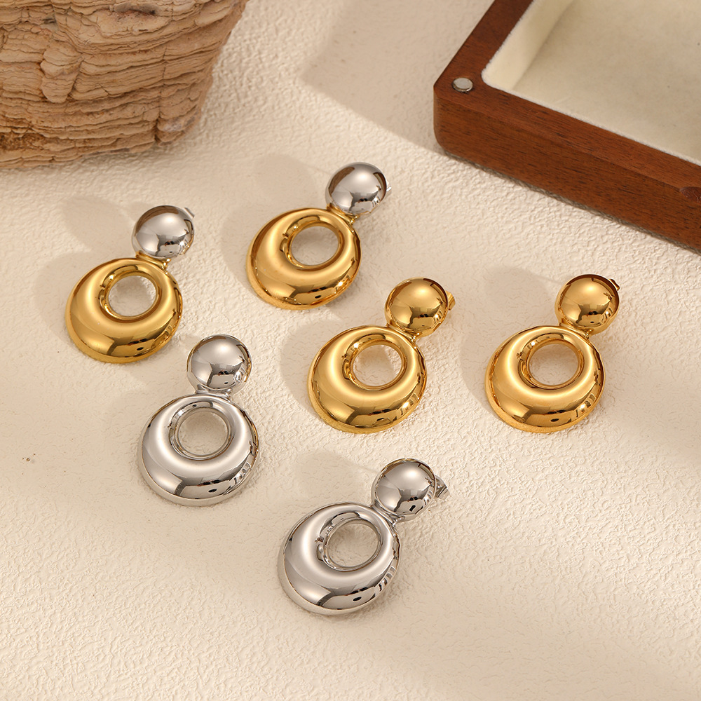 Boucles D'Oreilles Puces Pour Femme, Collection Simple, Double Rondes, En Acier Inoxydable Étanche, Couleur Or (1 Paire). Image4
