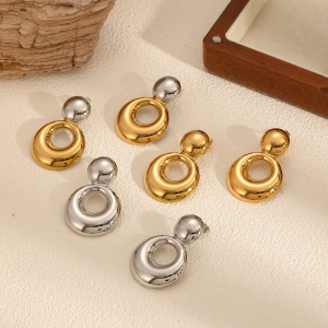 Boucles D'Oreilles Puces Pour Femme, Collection Simple, Double Rondes, En Acier Inoxydable Étanche, Couleur Or (1 Paire). h5 Image4
