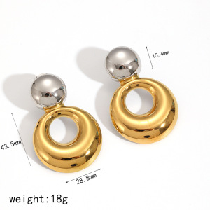 Boucles D'Oreilles Puces Pour Femme, Collection Simple, Double Rondes, En Acier Inoxydable Étanche, Couleur Or (1 Paire). h5 Image6