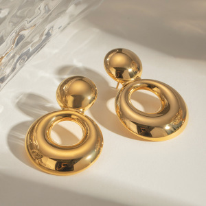 Boucles D'Oreilles Puces Pour Femme, Collection Simple, Double Rondes, En Acier Inoxydable Étanche, Couleur Or (1 Paire). h5 Image7