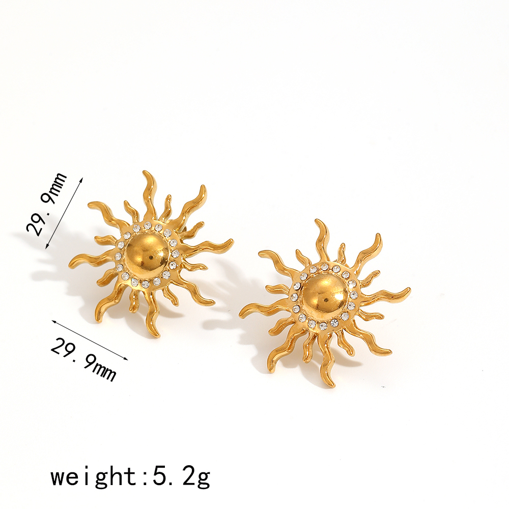 Ensemble De 1 Paire De Boucles D'Oreilles Pour Femme, Collection Charming Series, Délicates Boucles D'Oreilles En Forme De Soleil, En Acier Inoxydable Étanche, Couleur Or. Image6