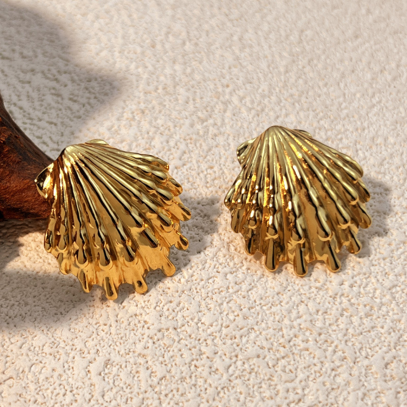 Boucles D'Oreilles Puces Pour Femme, En Acier Inoxydable, Couleur Or, Motif Coquillage (1 Paire). h5Image3