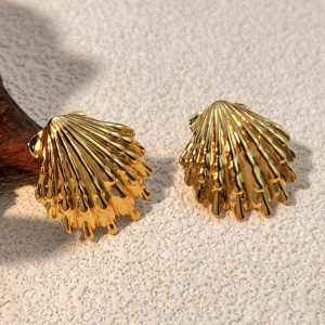 Boucles D'Oreilles Puces Pour Femme, En Acier Inoxydable, Couleur Or, Motif Coquillage (1 Paire). h5 Image3