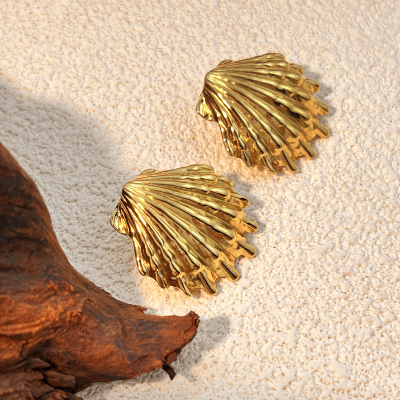 Boucles D'Oreilles Puces Pour Femme, En Acier Inoxydable, Couleur Or, Motif Coquillage (1 Paire). h5Image4